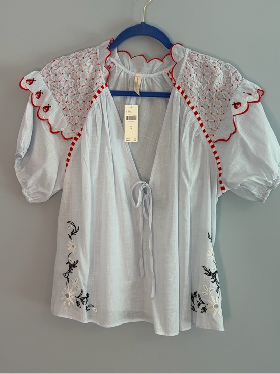 Anthropologie Tops - NWT Anthropologie Light Blue Peasant Blouse with Red Trim